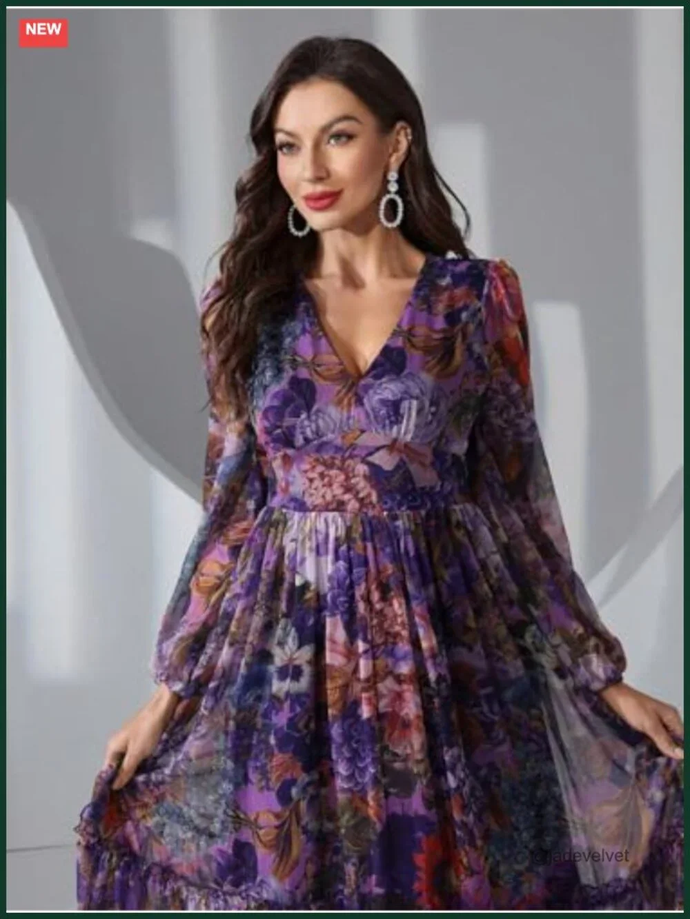Boho Floral Maxi Dress V-Neck Long Sleeve Ruffle Tiered A-Line